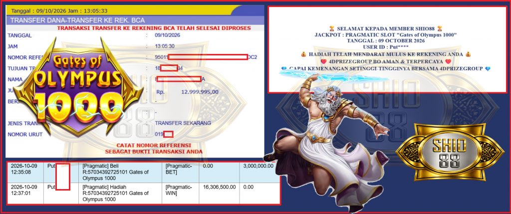 SHIO88 JACKPOT PRAGMATIC SLOT “Gates of Olympus 1000″ Rp12.999.995,- LUNAS