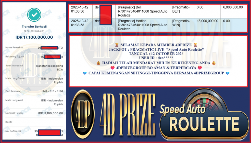 4DPRIZE JACKPOT PRAGMATIC LIVE GAME ”Speed Auto Roulette” Rp 18.000.000,- LUNAS