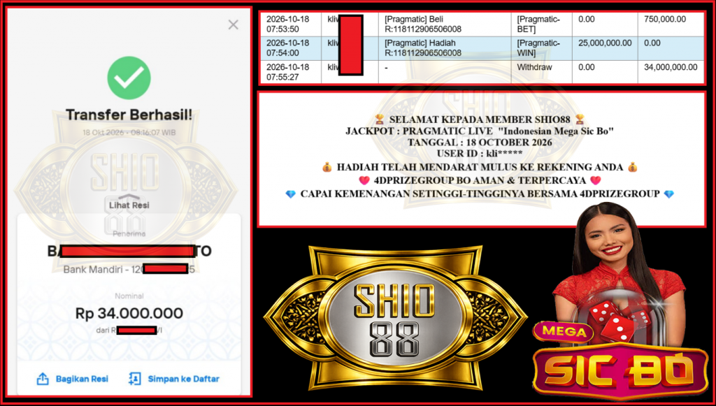SHIO88 JACKPOT PRAGMATIC LIVE GAME “Indonesian Mega Sic Bo”‎‏‏‎‎ Rp 34.000.000,- LUNAS