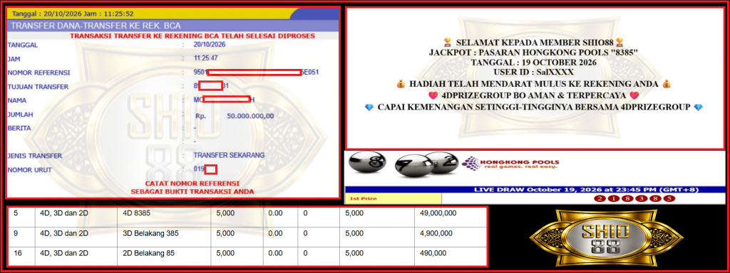 SHIO88 JACKPOT PASARAN HONGKONG POOLS FULL “8385” Rp 50.000.000,- LUNAS