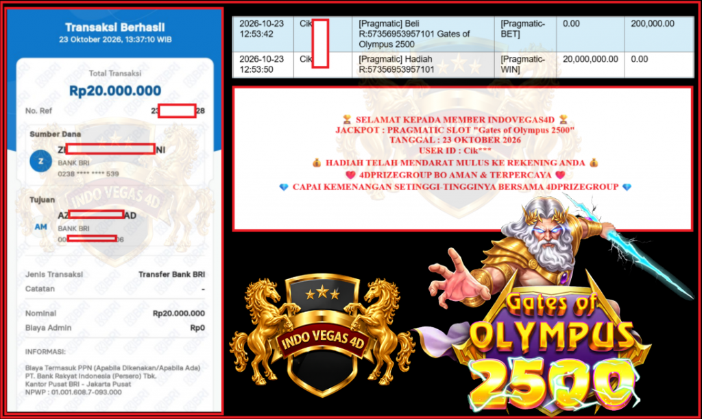 INDOVEGAS4D JACKPOT PRAGMATIC SLOT “Gates of Olympus 2500” Rp 20.000.000,- LUNAS