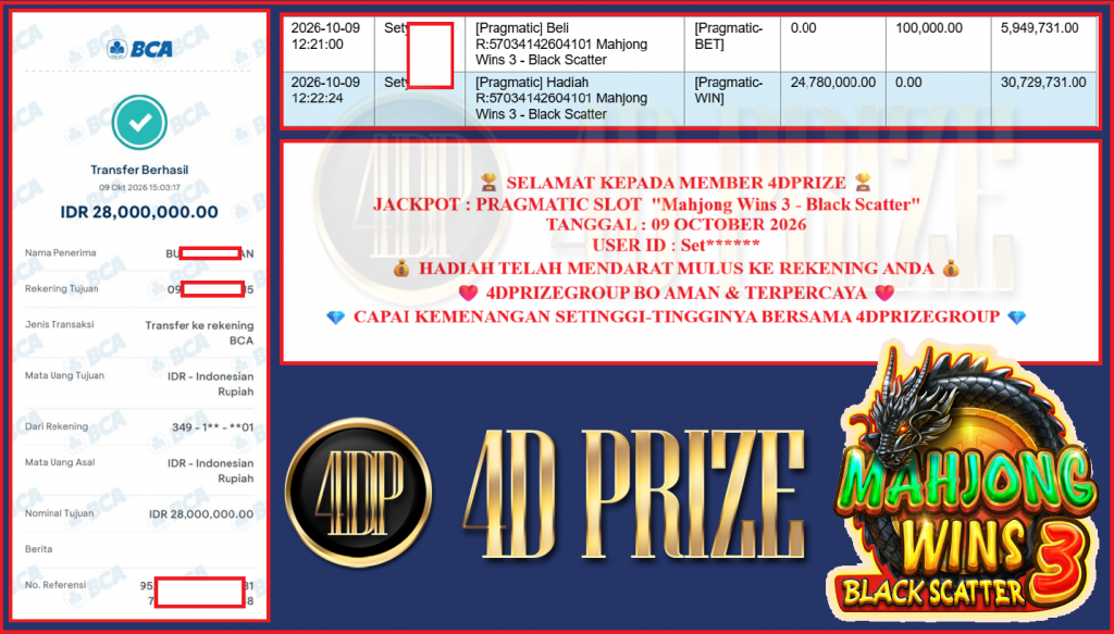 4DPRIZE JACKPOT PRAGMATIC SLOT “Mahjong Wins 3 – Black Scatter”‎‏‏‎‎ Rp 28.000.000,- LUNAS