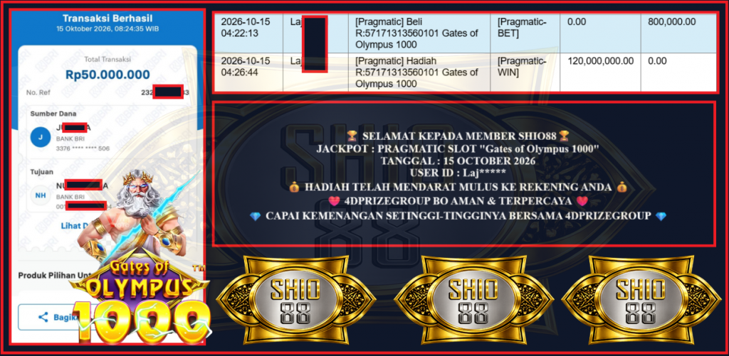 SHIO88 JACKPOT PRAGMATIC “Gates of Olympus 1000″‎‏‏‎‎ Rp 50.000.000,- LUNAS