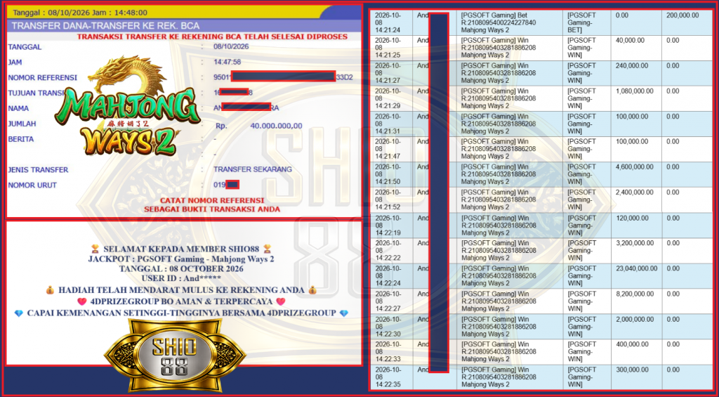 SHIO88 JACKPOT PGSOFT Gaming “Mahjong Ways 2” ‎‎‏‏‎‎‏‏Rp 40.000.000,- LUNAS