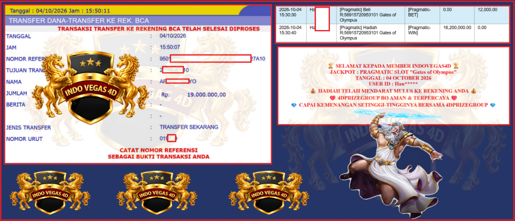 INDOVEGAS4D JACKPOT PRAGMATIC SLOT “Gates of Olympus” Rp 19.000.000,- LUNAS
