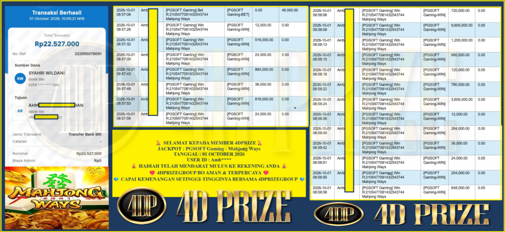 4DPRIZE JACKPOT PG SOFT “Mahjong Ways” Rp22.527.000,- LUNAS
