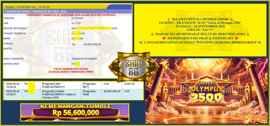 SHIO88 JACKPOT PRAGMATIC SLOT ”Gates of Olympus 2500” Rp50.000.000,- LUNAS