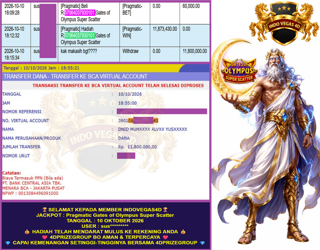 INDOVEGAS4D JACKPOT PRAGMATIC “Gates of Olympus Super Scatter ” Rp.11.800.000,-LUNAS