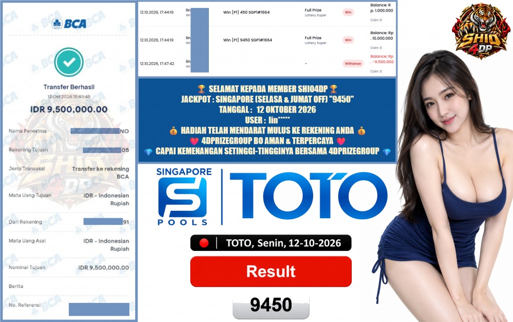 SHIO4DP JACKPOT SINGAPORE (SELASA & JUMAT OFF) “9450” Rp 9.500.000,- LUNAS