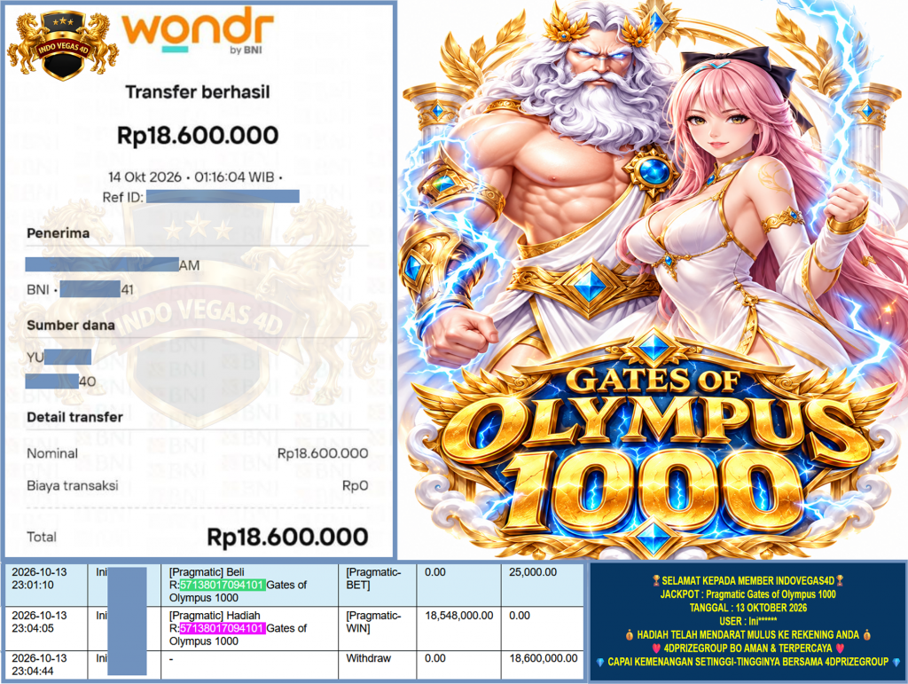 INDOVEGAS4D JACKPOT PRAGMATIC “Gates of Olympus 1000 ” Rp.18.600.000,-LUNAS