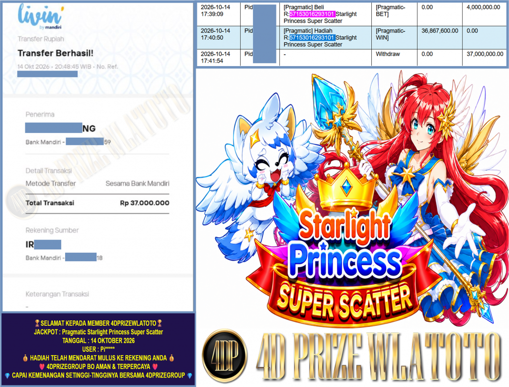 4DPRIZEWLATOTO JACKPOT PRAGMATIC “Starlight Princess Super Scatter ” Rp.37.000.000,-LUNAS