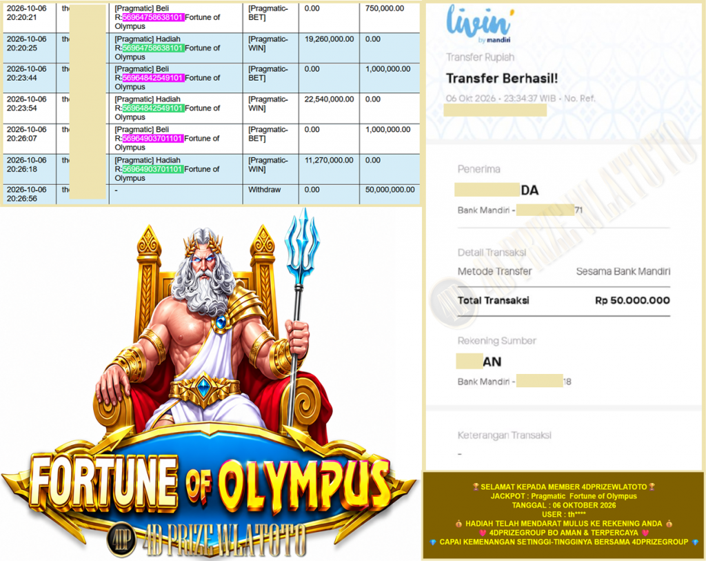 4DPRIZEWLATOTO JACKPOT PRAGMATIC “Fortune of Olympus” Rp.50.000.000,-LUNAS