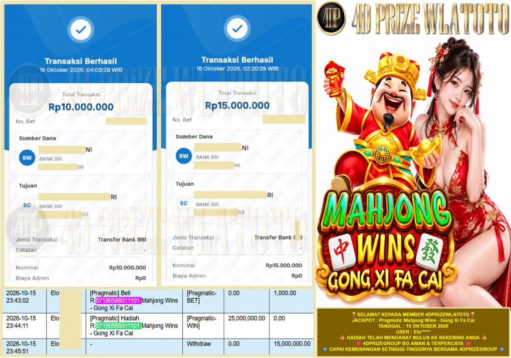4DPRIZEWLATOTO JACKPOT PRAGMATIC “Mahjong Wins – Gong Xi Fa Cai” Rp.25.000.000,-LUNAS