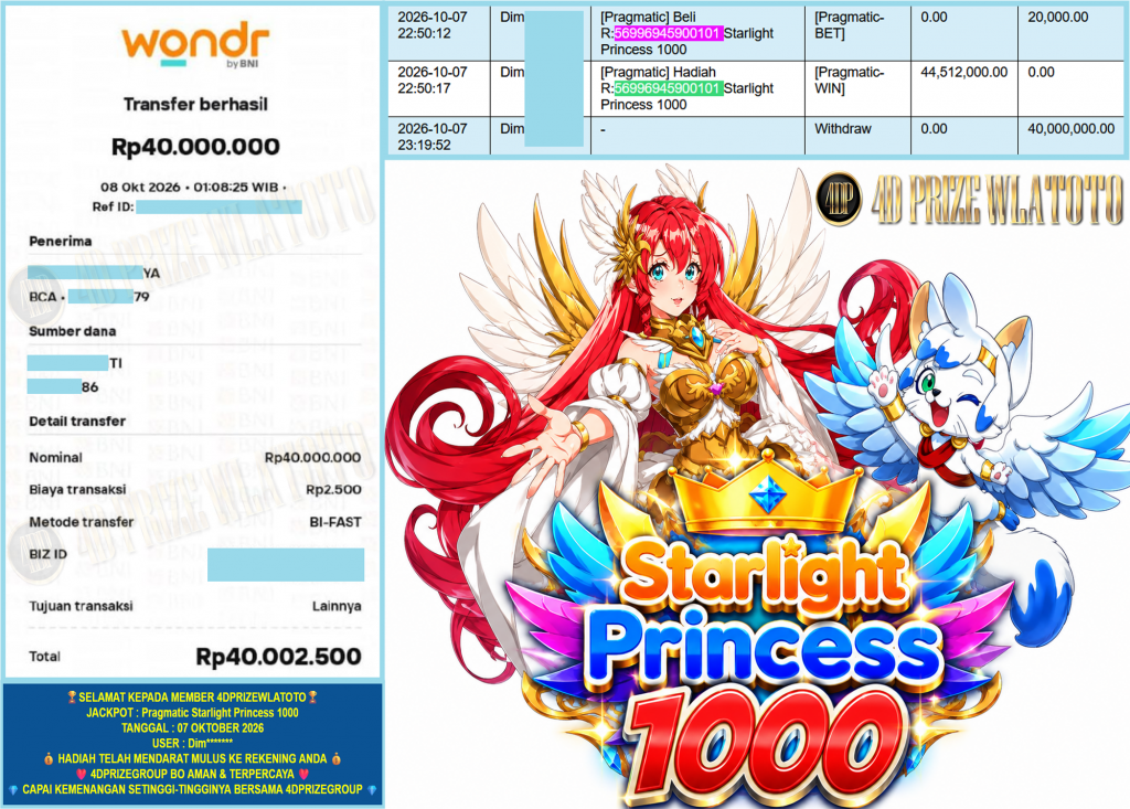 4DPRIZEWLATOTO JACKPOT PRAGMATIC “Starlight Princess 1000” Rp.40.000.000,-LUNAS