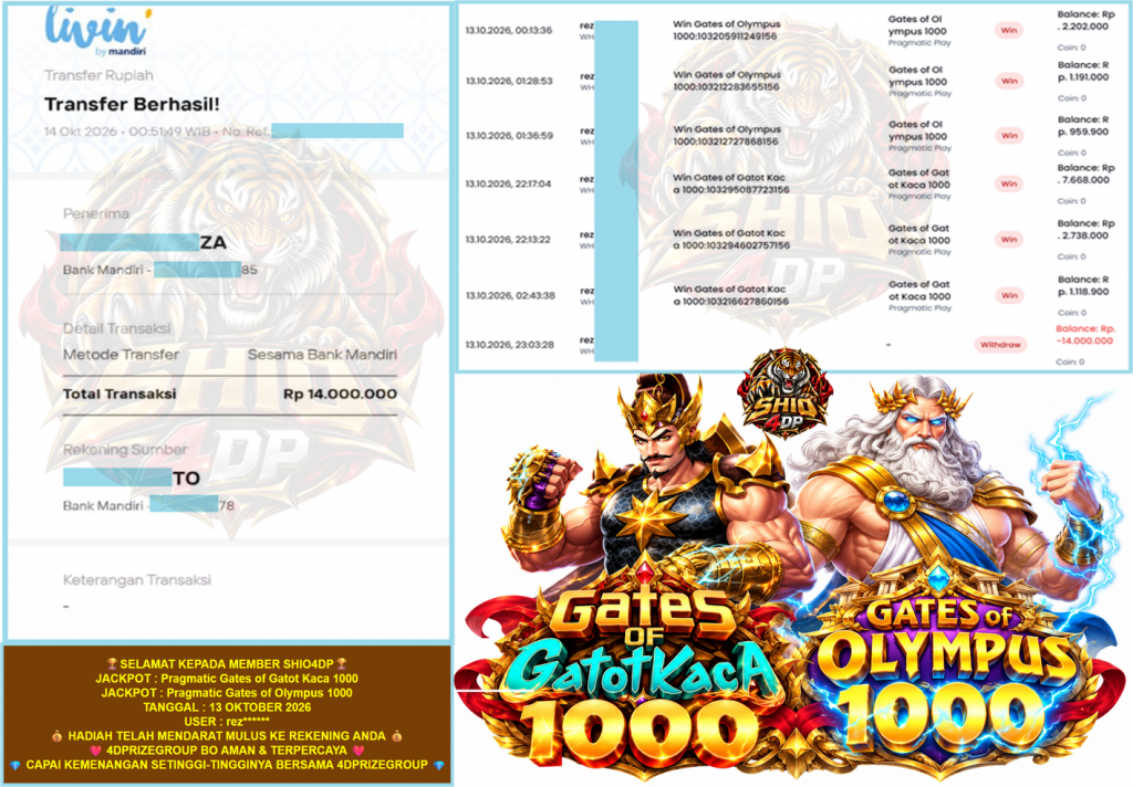 SHIO4DP JACKPOT PRAGMATIC βGates of Gatot Kaca 1000 , Gates of Olympus 1000 β Rp.14.000.000,-LUNAS