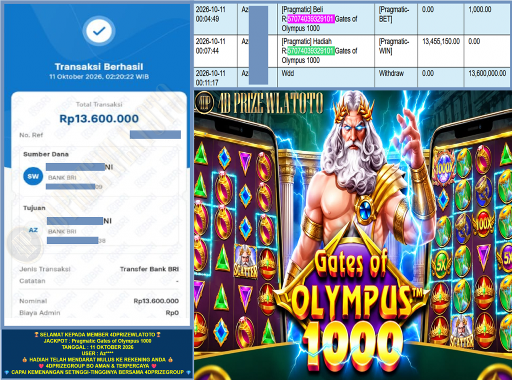 4DPRIZEWLATOTO JACKPOT PRAGMATIC “Gates of Olympus 1000 ” Rp.13.600.000,-LUNAS