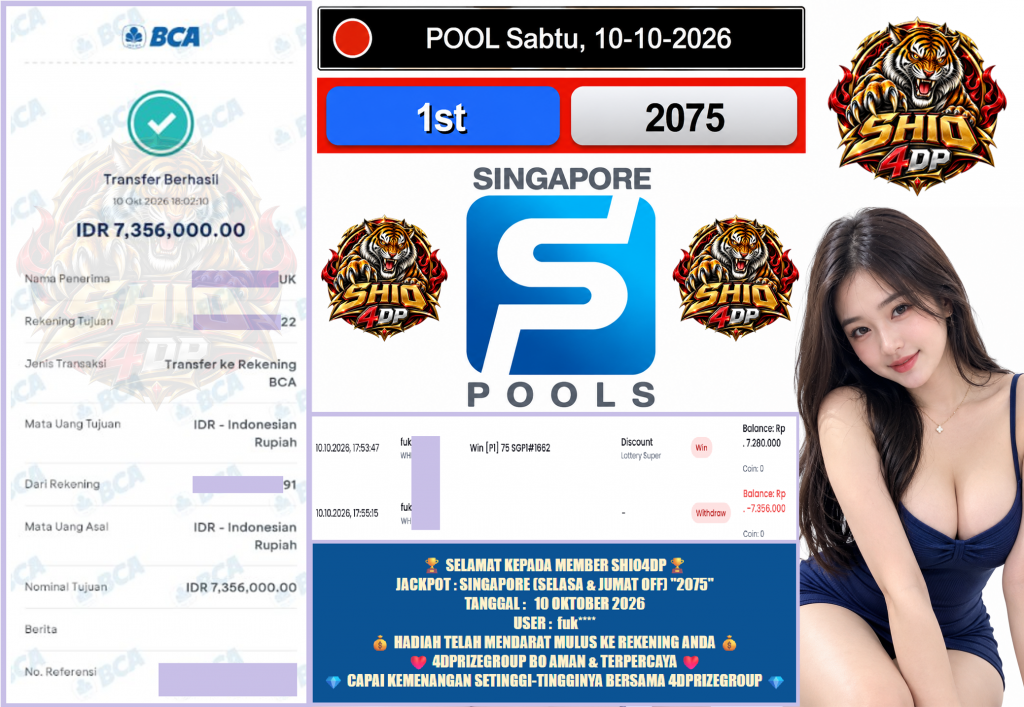 SHIO4DP JACKPOT SINGAPORE (SELASA & JUMAT OFF) “2075” Rp 7.356.000,- LUNAS