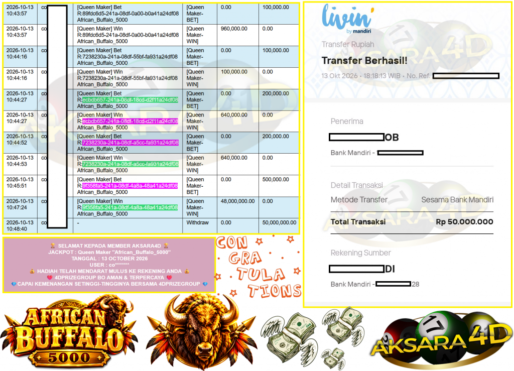AKSARA4D JACKPOT Queen Maker ”African_Buffalo_5000” Rp50,000,000,- LUNAS