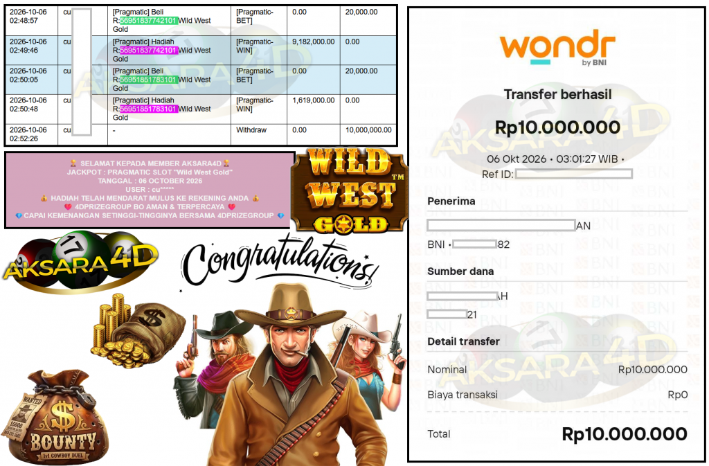 AKSARA4D JACKPOT PRAGMATIC SLOT ”Wild West Gold” Rp10.000.000,- LUNAS