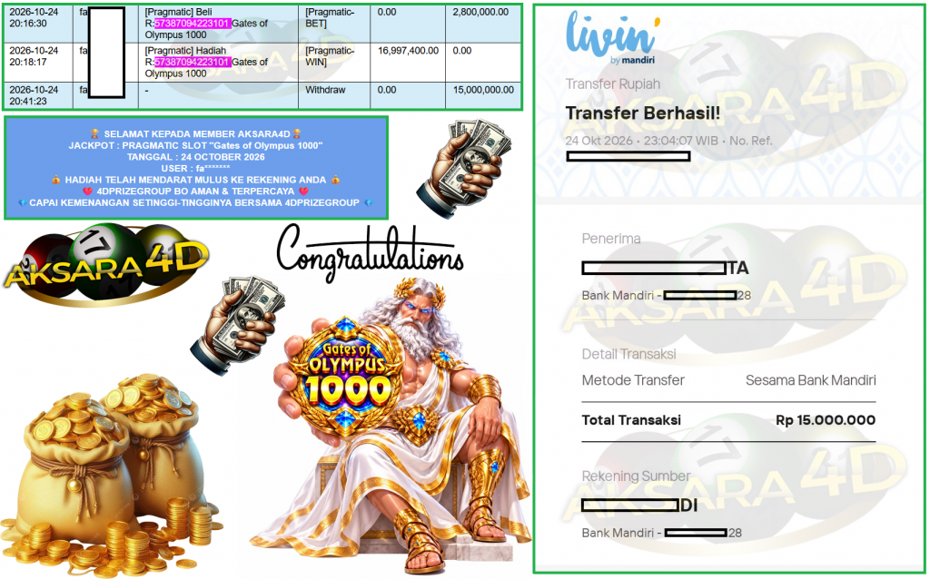 AKSARA4D JACKPOT PRAGMATIC SLOT ”Gates of Olympus 1000” Rp15.000.000,- LUNAS