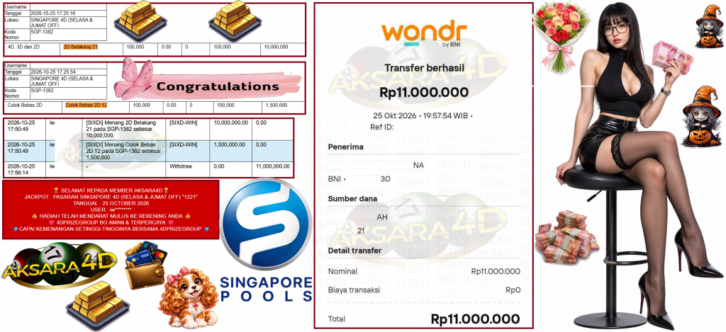 AKSARA4D JACKPOT PASARAN SINGAPORE 4D (SELASA & JUMAT OFF) “1221” Rp11.000.000,- LUNAS