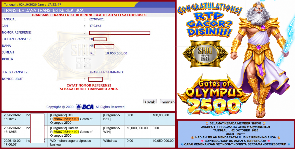 SHIO88 JACKPOT PRAGMATIC “Gates of Olympus 2500″ Rp10.050.000,- LUNAS