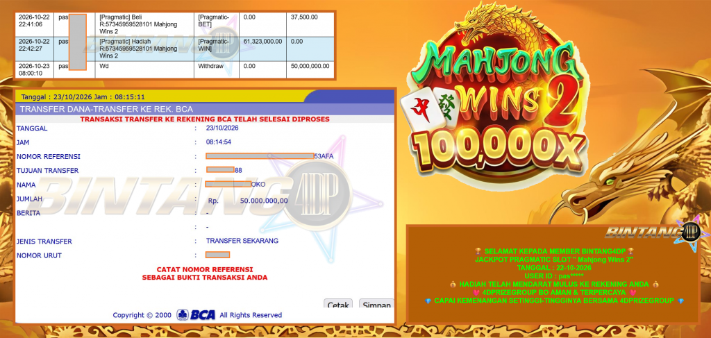 BINTANG4DP JACKPOT PRAGMATIC SLOT “Mahjong Wins 2” Rp 50.000.000,- LUNAS