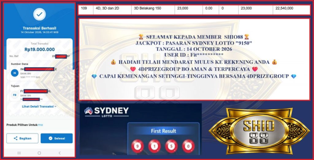 SHIO88 JACKPOT SYDNEY LOTTO “9150” Rp 19.000.000,- LUNAS