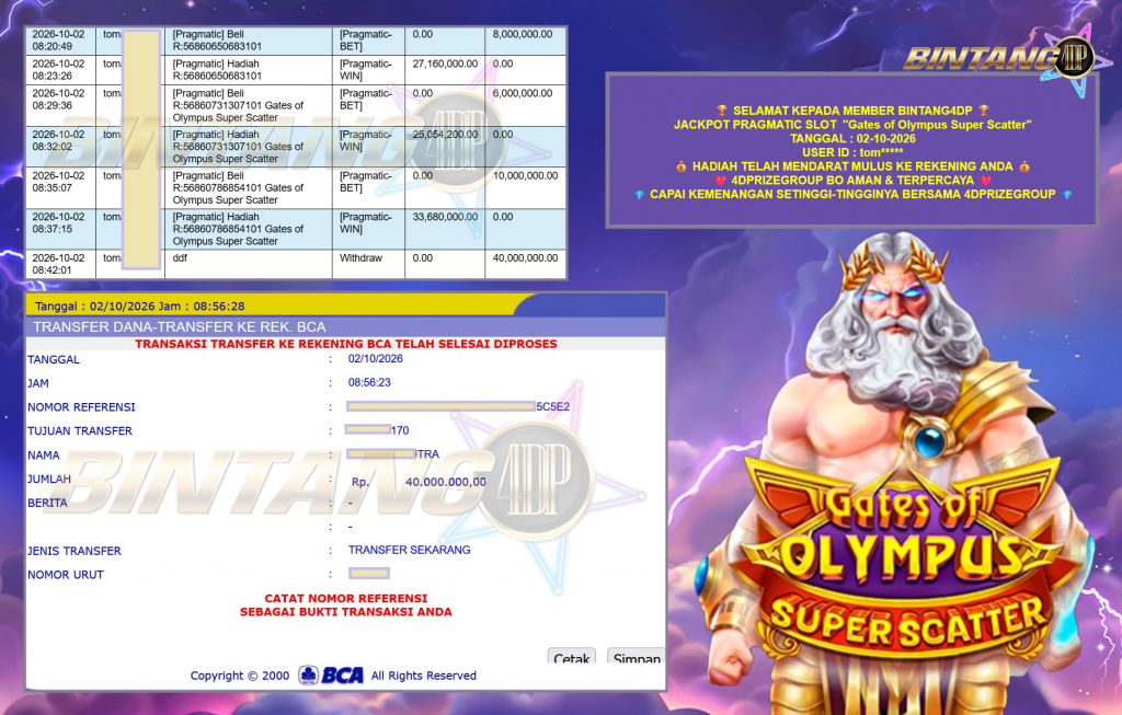 BINTANG4DP PRAGMATIC SLOT “Gates of Olympus Super Scatter” Rp40.000.000,- LUNAS