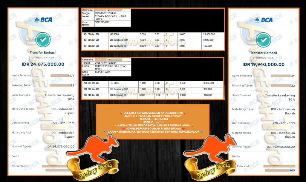 ANUGERAHTOTO JACKPOT PASARAN SYDNEY POOLS “0569”  Rp 44.015.000,- LUNAS
