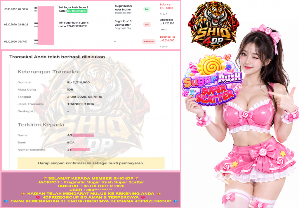 SHIO4DP JACKPOT PRAGMATIC “Sugar Rush Super Scatter” Rp.2.214.000,-LUNAS